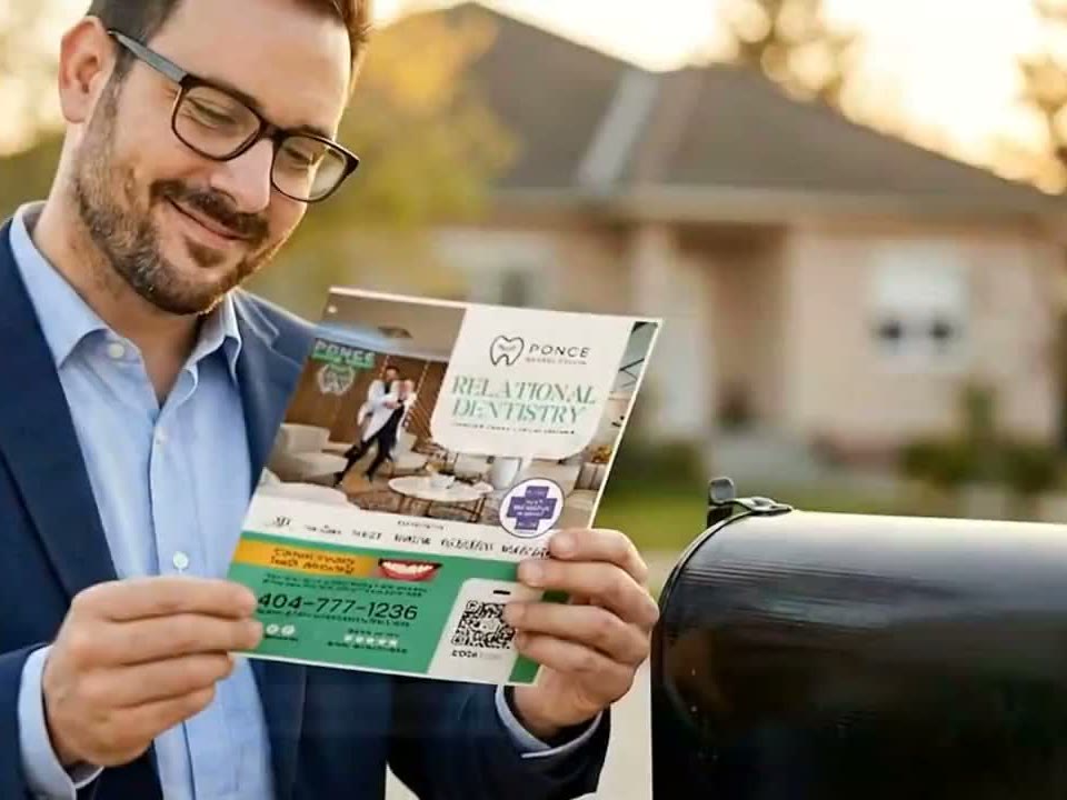 A homeowner reading a PushPrint mailer at his mailbox